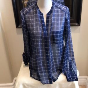 Joie Sheer Blue Plaid Silk Blouse Small